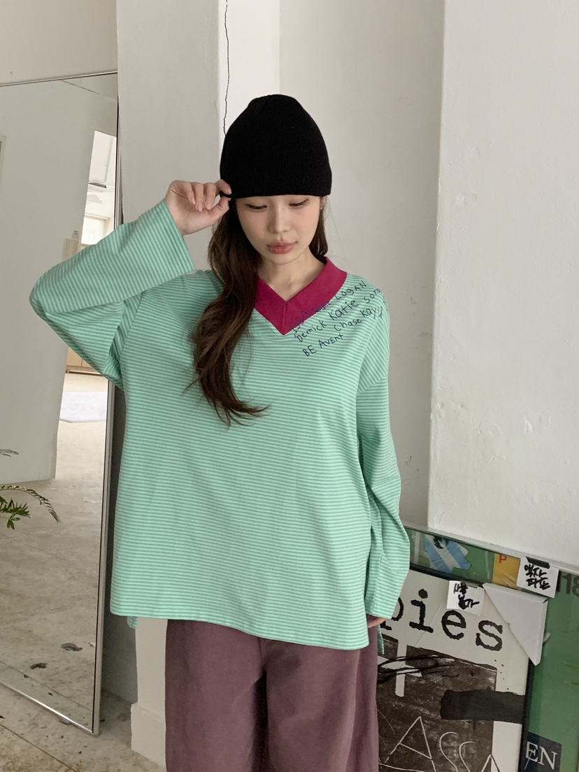 MAISONDEGLORY東大門代購女士新品人氣休閑長袖T恤V領條紋Maison de glory長袖T恤