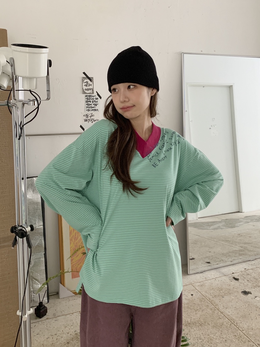 MAISONDEGLORY東大門代購女士新品人氣休閑長袖T恤V領條紋Maison de glory長袖T恤