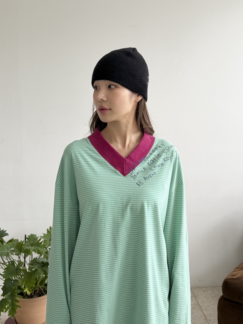 MAISONDEGLORY東大門代購女士新品人氣休閑長袖T恤V領條紋Maison de glory長袖T恤