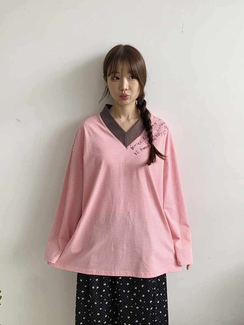 MAISONDEGLORY東大門代購女士新品人氣休閑長袖T恤V領條紋Maison de glory長袖T恤