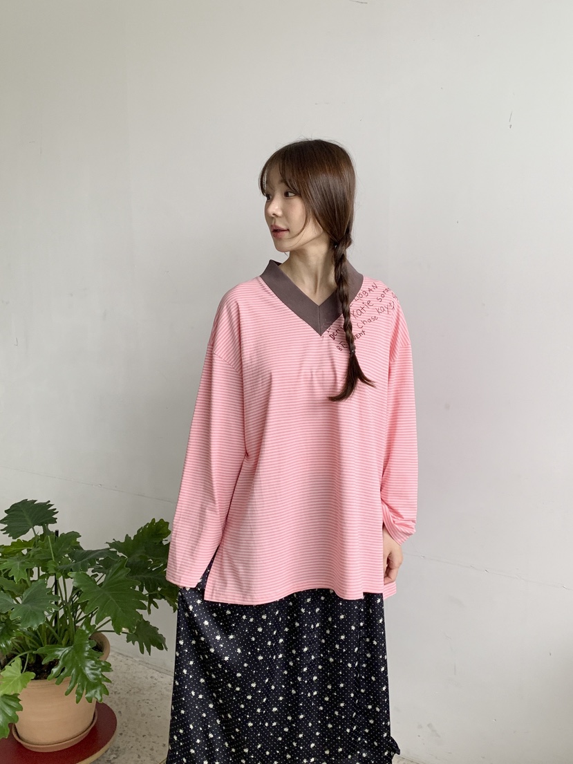 MAISONDEGLORY東大門代購女士新品人氣休閑長袖T恤V領條紋Maison de glory長袖T恤