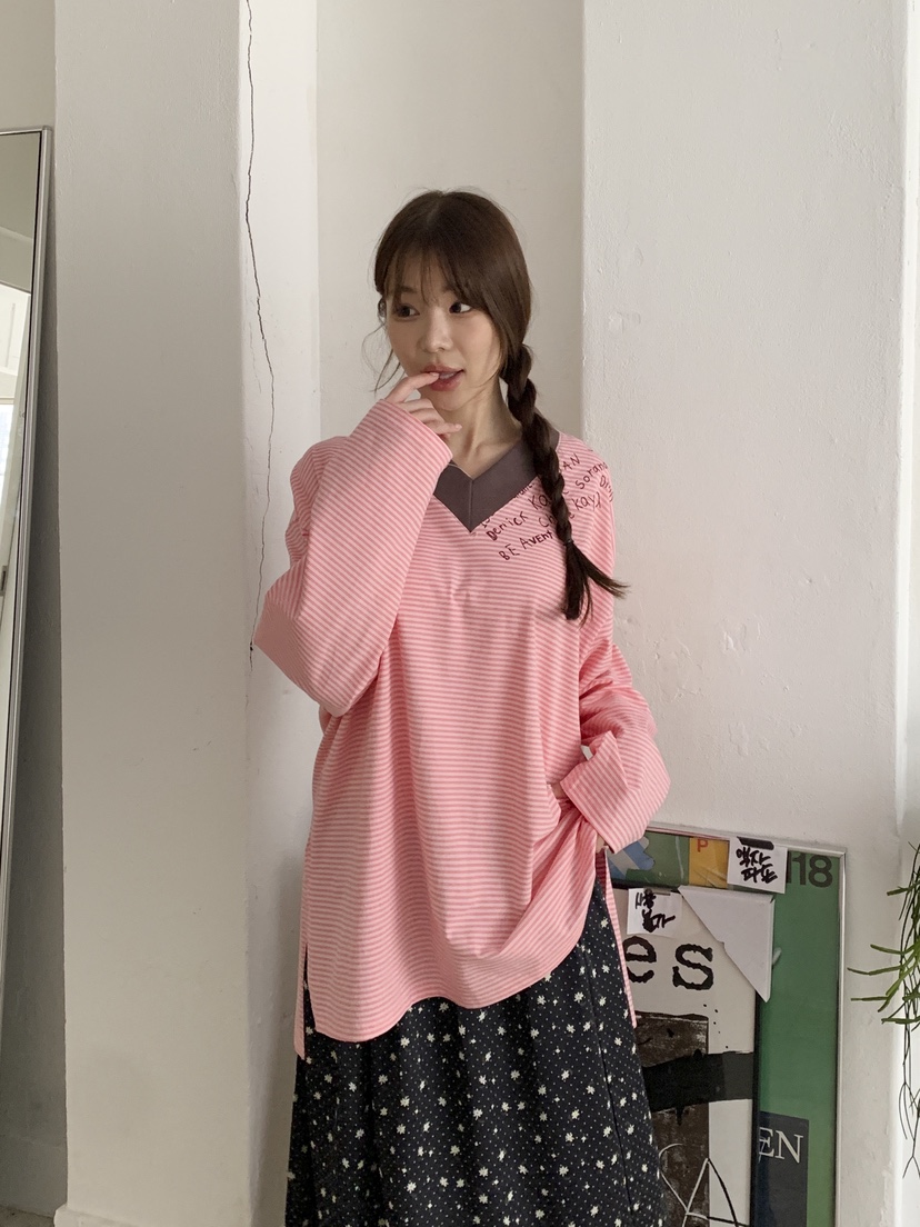 MAISONDEGLORY東大門代購女士新品人氣休閑長袖T恤V領條紋Maison de glory長袖T恤