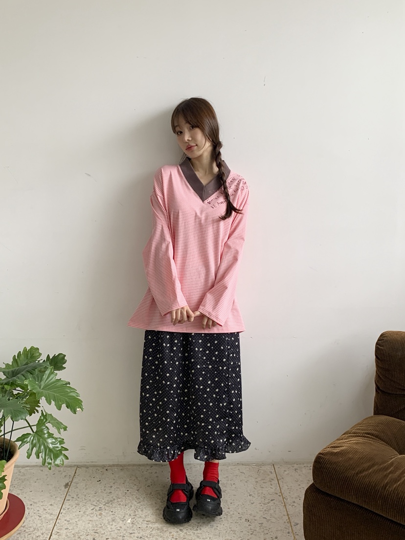 MAISONDEGLORY東大門代購女士新品人氣休閑長袖T恤V領條紋Maison de glory長袖T恤