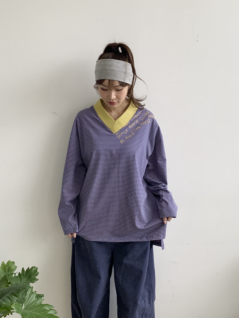 MAISONDEGLORY東大門代購女士新品人氣休閑長袖T恤V領條紋Maison de glory長袖T恤圖色1