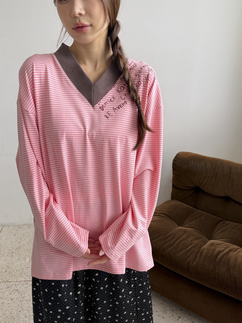 MAISONDEGLORY東大門代購女士新品人氣休閑長袖T恤V領條紋Maison de glory長袖T恤圖色2
