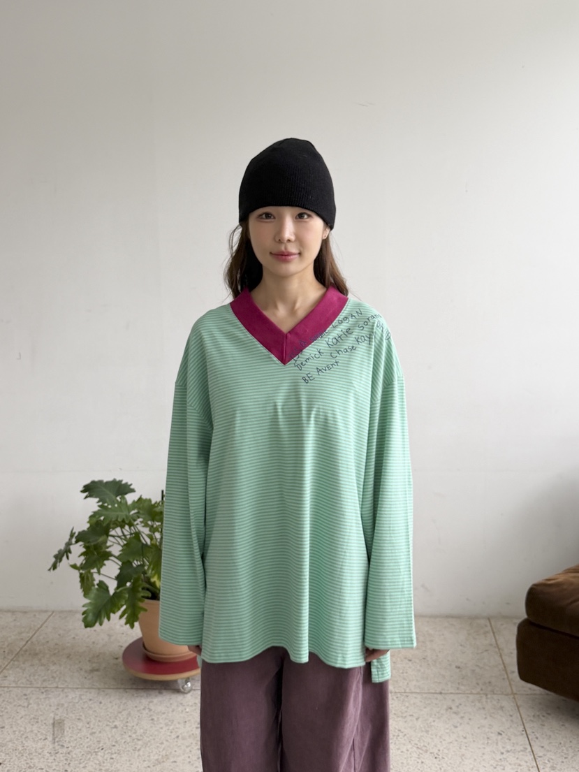 MAISONDEGLORY東大門代購女士新品人氣休閑長袖T恤V領條紋Maison de glory長袖T恤圖色3