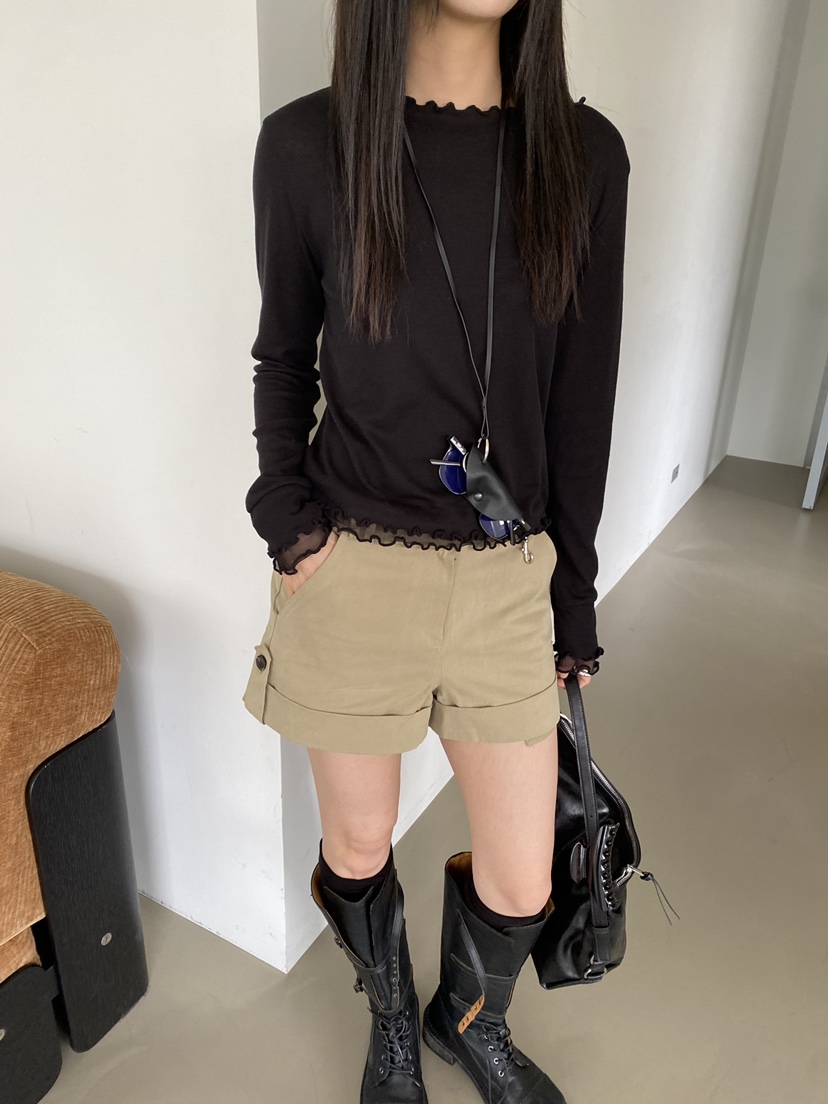 Verbena韓國直郵女士新品時尚人氣長袖T恤荷葉邊網狀雙層Verbena長袖T恤