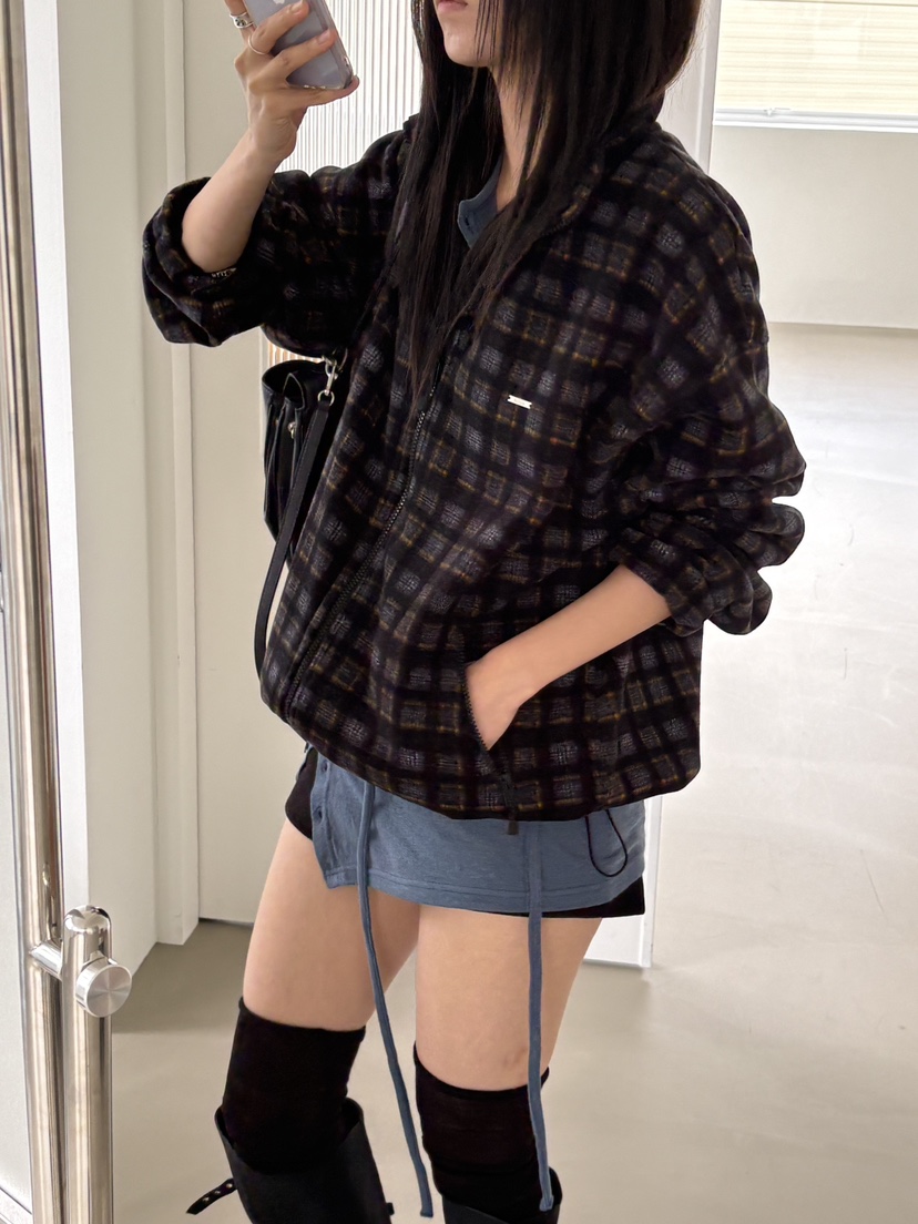 Verbena韓國直郵女裝新品人氣推薦熱賣真品休閑夾克格子絨Verbena夾克