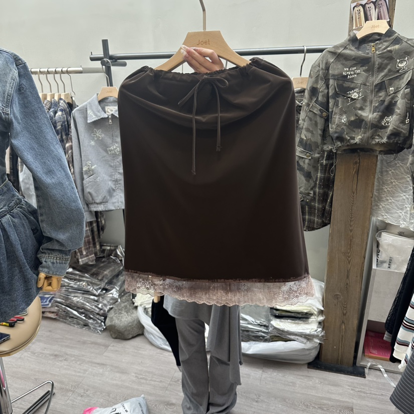 STICK WITH韓國代購女士新品推薦人氣時尚半身裙中短裙蕾絲STICK WITH半身裙/中短裙圖色1棕色