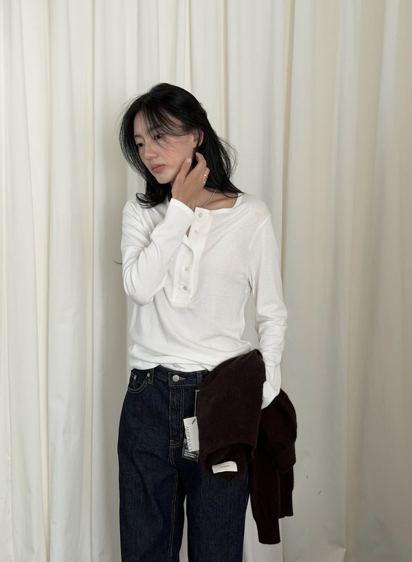 AMY GRACE-A東大門代購女士新品真品人氣休閑長袖T恤紐扣AMY GRACE長袖T恤圖色1