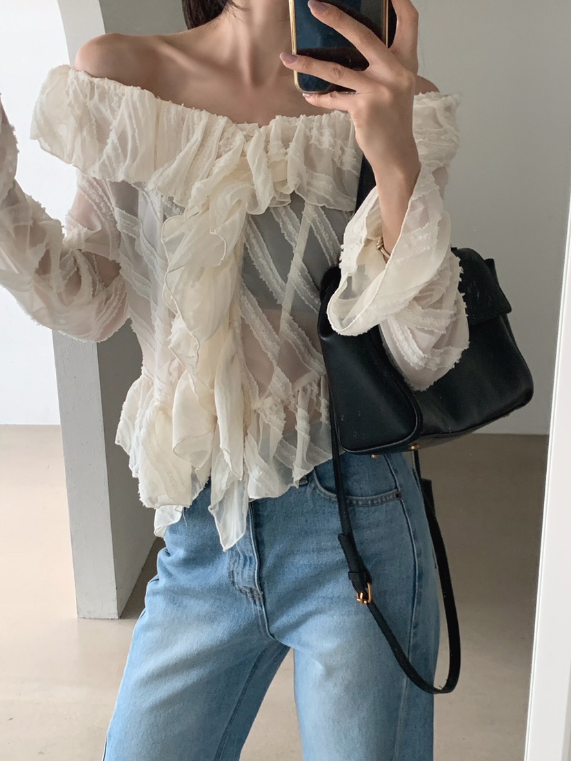 VERANDA韓國代購女裝新品真品時尚推薦襯衫蕾絲衫不對稱褶邊VERANDA襯衫/蕾絲衫