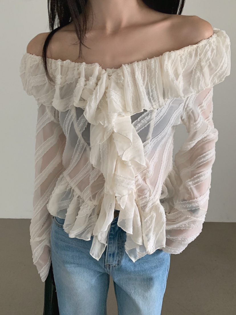 VERANDA韓國代購女裝新品真品時尚推薦襯衫蕾絲衫不對稱褶邊VERANDA襯衫/蕾絲衫