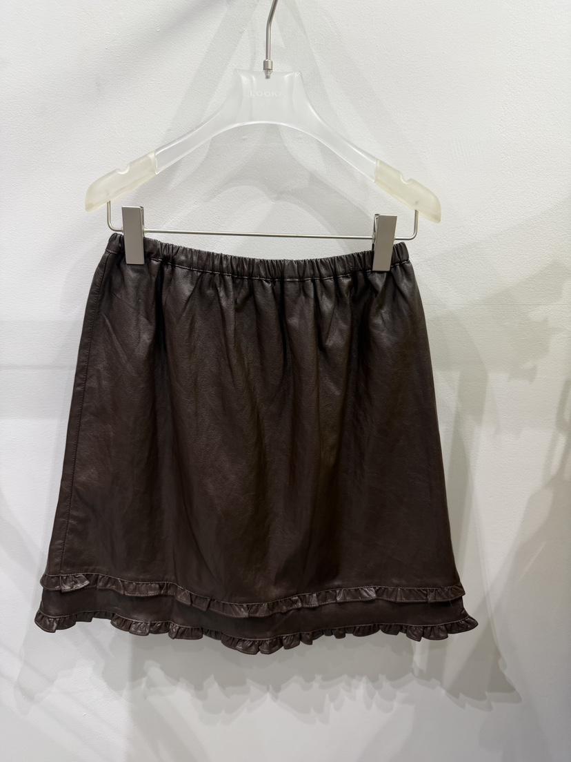 LOOKK/MIMME東大門代購女裝新品推薦半身裙中短裙皮革褶邊雙褶LOOKK/MIMME半身裙/中短裙圖色1棕色