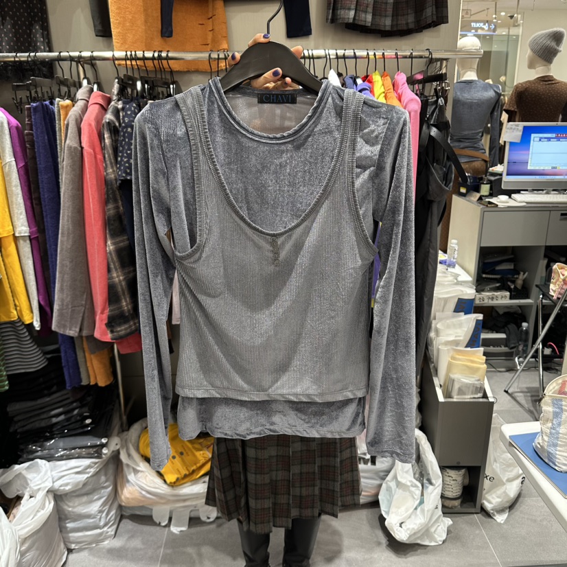 CHAVI東大門直郵女士新品真品推薦時尚長袖T恤天鵝絨層疊CHAVI長袖T恤圖色3