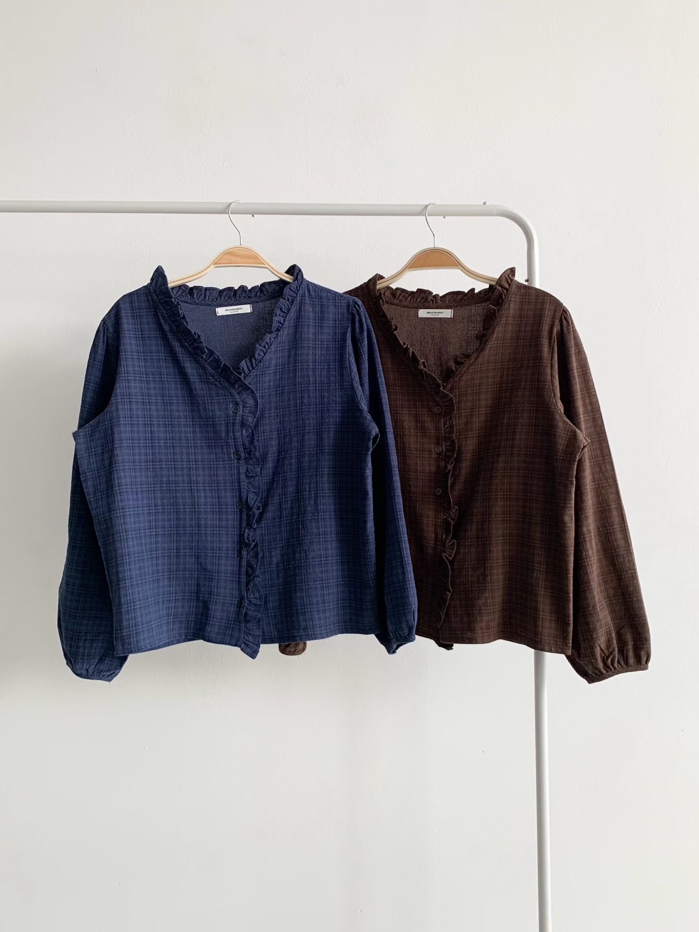 BRAND MARKET-브랜드마켓-T東大門實拍女士新款推薦襯衫蕾絲衫復古格子BRAND MARKET-2件起襯衫/蕾絲衫圖色2左二色