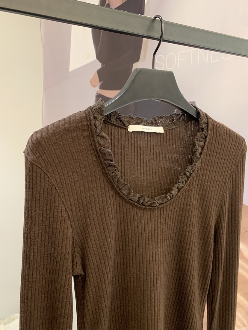 SOFTNESS韓國代購女裝新款推薦休閑真品時尚長袖T恤U領蕾絲Softness/Cosmic長袖T恤