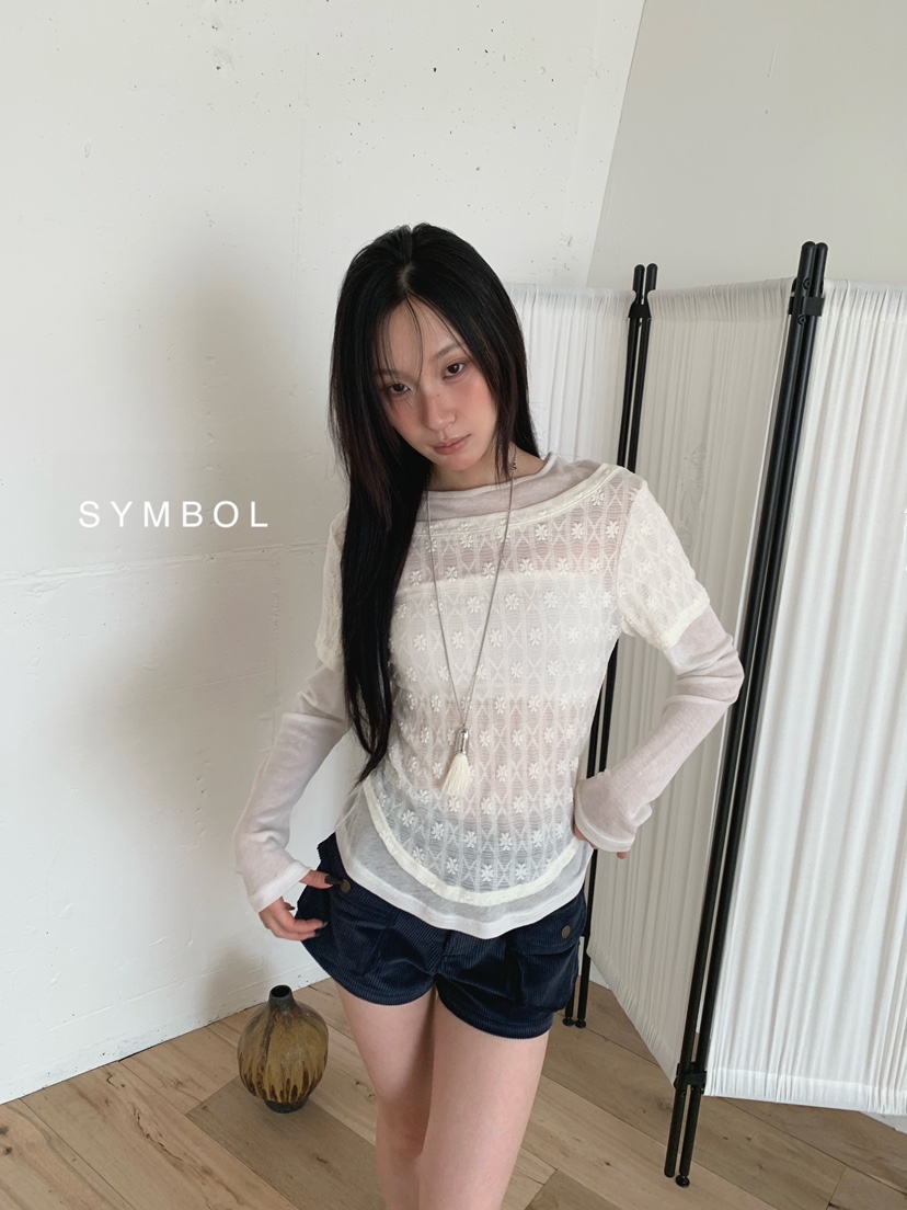 SYMBOL韓國直郵女士新品熱賣推薦時尚休閑長袖T恤蕾絲層疊SYMBOL長袖T恤