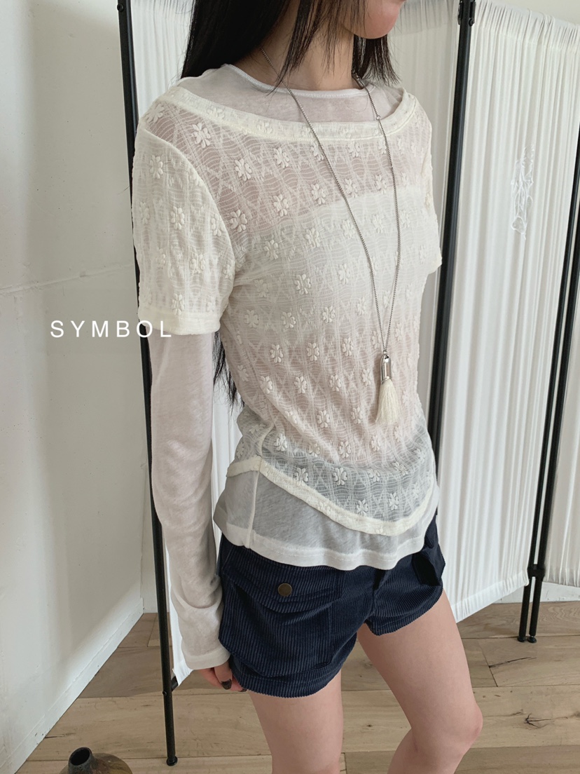 SYMBOL韓國直郵女士新品熱賣推薦時尚休閑長袖T恤蕾絲層疊SYMBOL長袖T恤