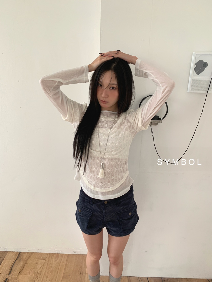 SYMBOL韓國直郵女士新品熱賣推薦時尚休閑長袖T恤蕾絲層疊SYMBOL長袖T恤