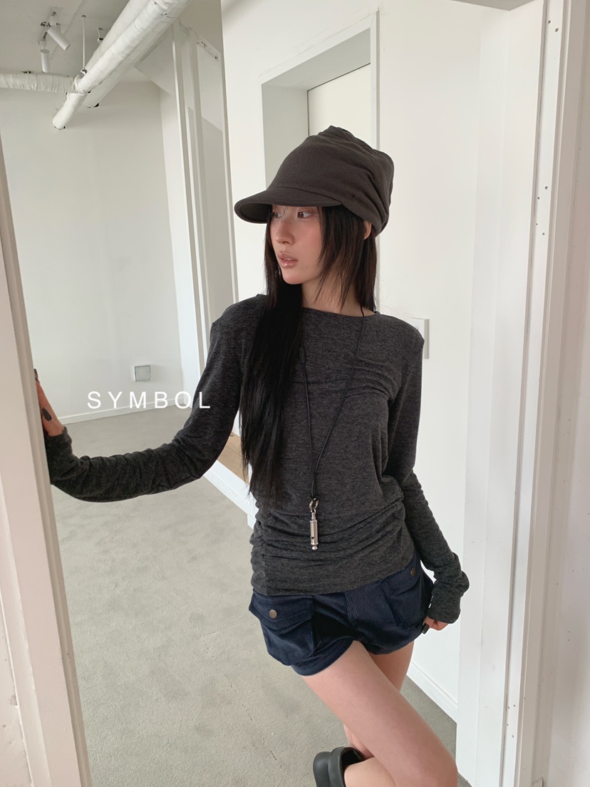 SYMBOL東大門直郵女士新品熱賣休閑人氣推薦長袖T恤褶裥長款SYMBOL長袖T恤