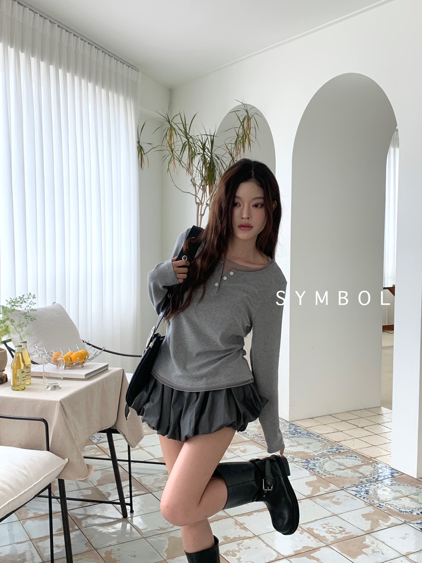 SYMBOL韓國代購女士新品時尚休閑推薦真品熱賣長袖T恤雙按鈕SYMBOL長袖T恤