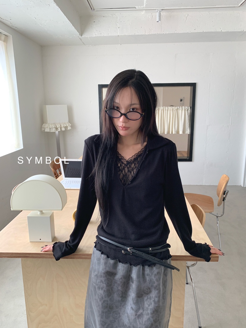 SYMBOL東大門代購女士新品人氣休閑熱賣時尚推薦長袖T恤蕾絲SYMBOL長袖T恤