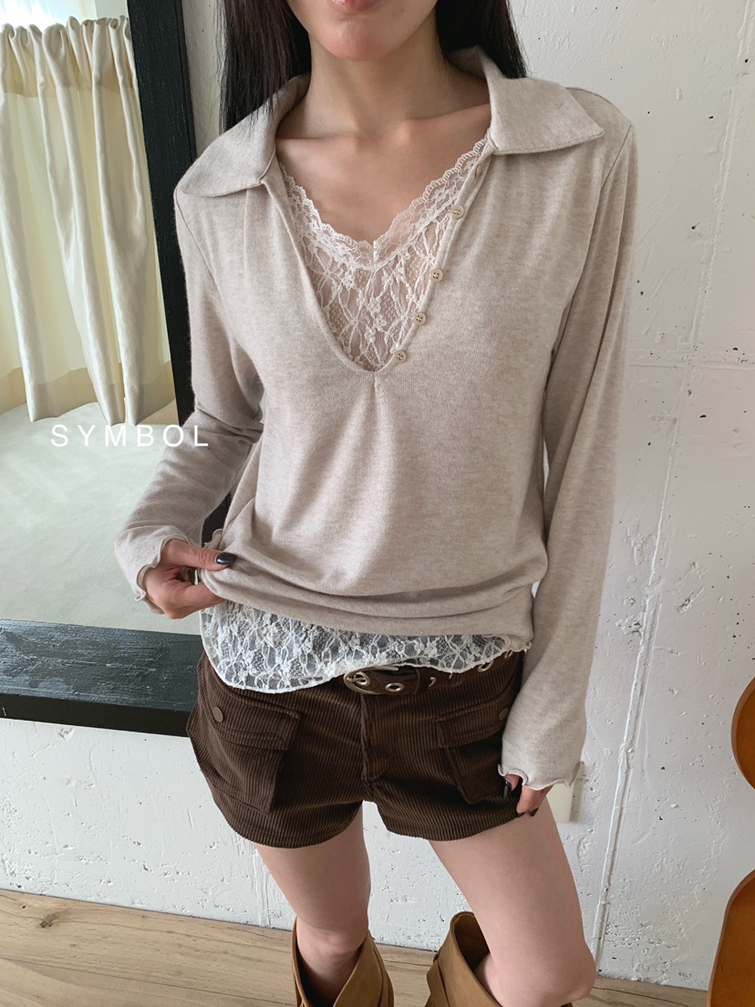 SYMBOL東大門代購女士新品人氣休閑熱賣時尚推薦長袖T恤蕾絲SYMBOL長袖T恤圖色1