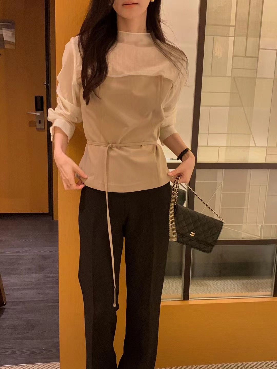 OSRO韓國直郵女裝新款時尚人氣休閑熱賣襯衫蕾絲衫含腰繩OSRO襯衫/蕾絲衫