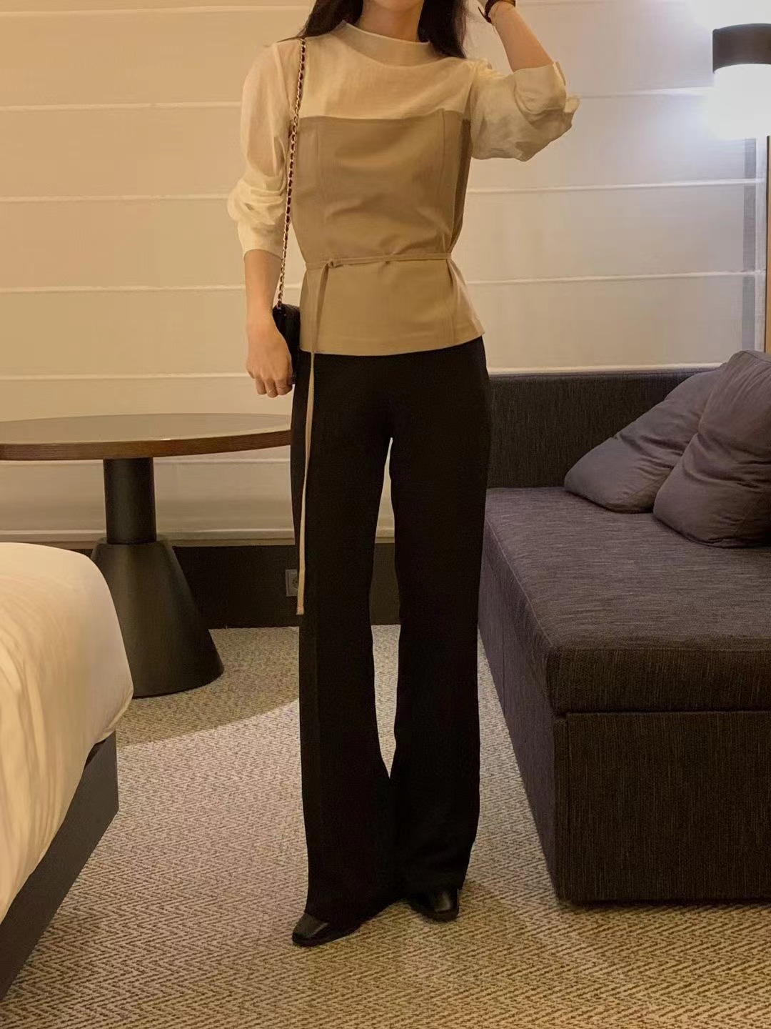 OSRO韓國直郵女裝新款時尚人氣休閑熱賣襯衫蕾絲衫含腰繩OSRO襯衫/蕾絲衫