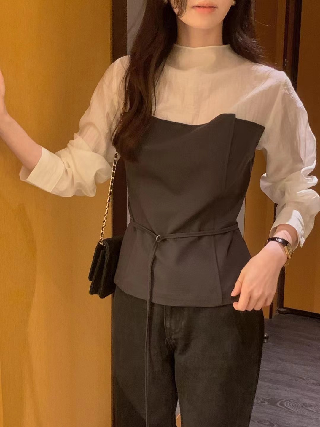 OSRO韓國直郵女裝新款時尚人氣休閑熱賣襯衫蕾絲衫含腰繩OSRO襯衫/蕾絲衫