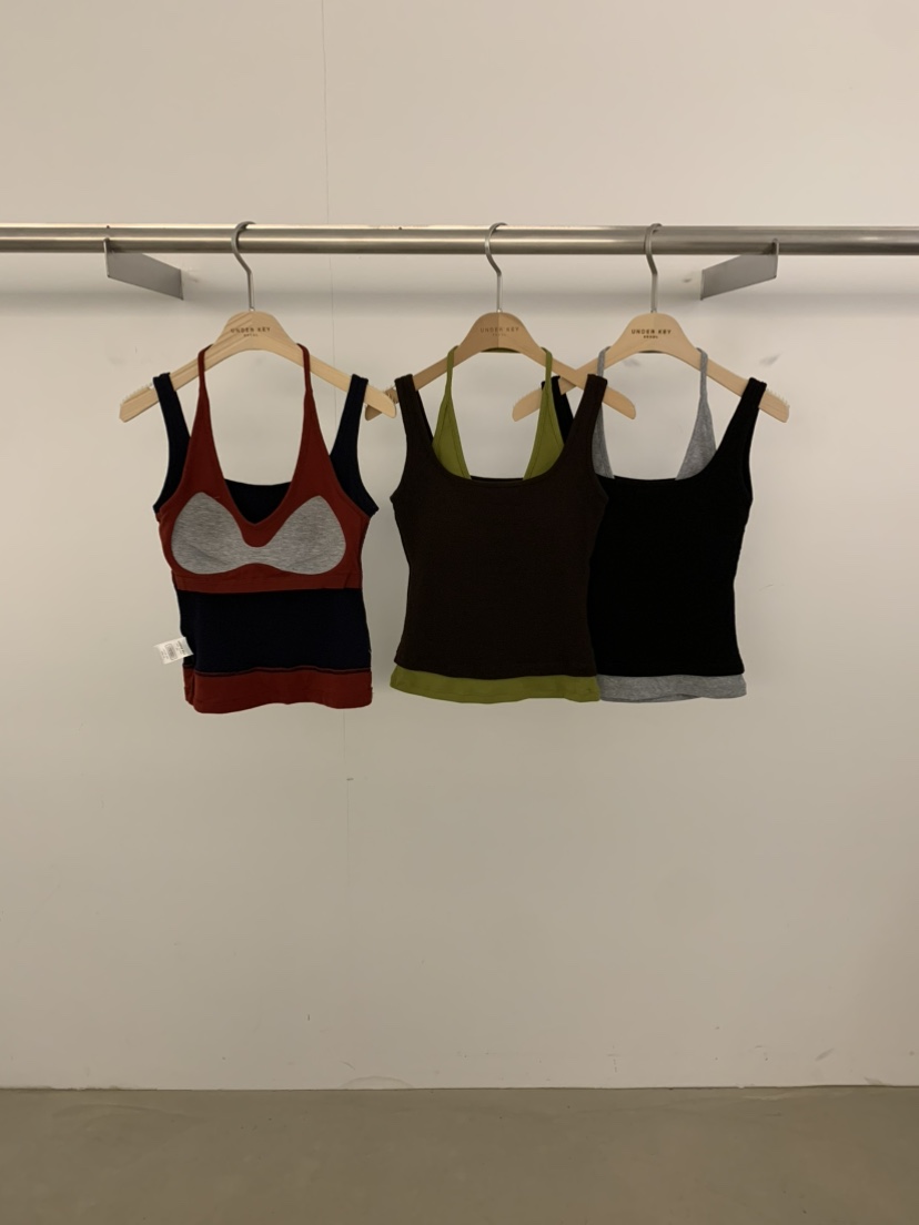 UNDER KEY韓國直郵女士新品休閑熱賣吊帶背心假兩件撞色UNDER KEY吊帶/背心
