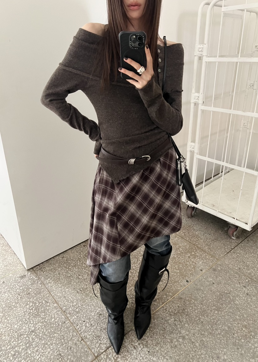 NOVUS東大門實拍女裝新款人氣熱賣半身裙中短裙不對稱格子NOVUS半身裙/中短裙