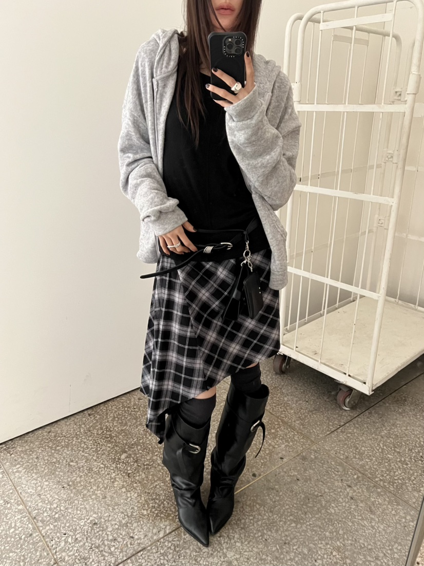 NOVUS東大門實拍女裝新款人氣熱賣半身裙中短裙不對稱格子NOVUS半身裙/中短裙