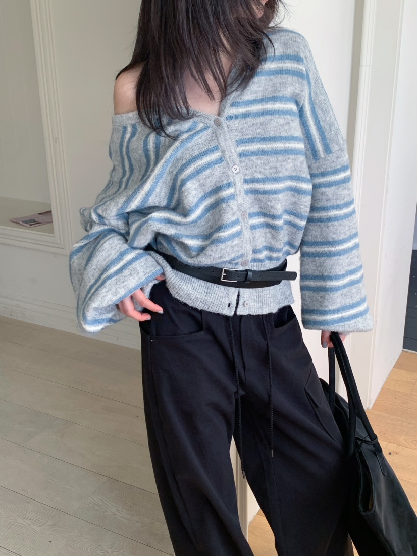 MOMENTUM韓國代購女裝新款真品人氣時尚推薦開衫復古條紋MOMENTUM開衫