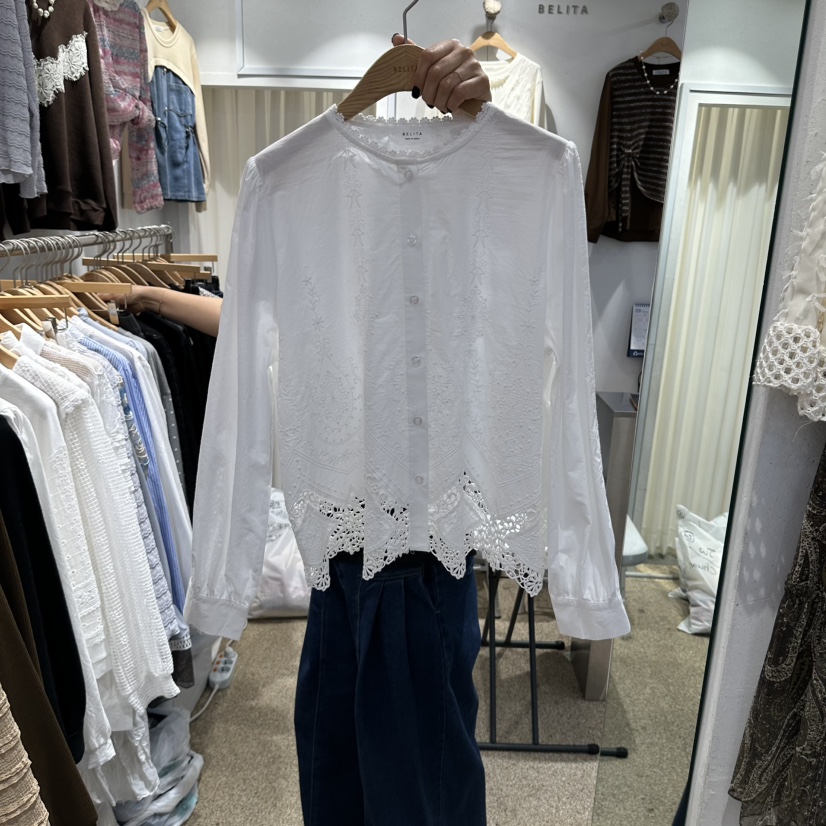 BELITA東大門代購女裝新款休閑襯衫蕾絲衫不含項鏈刺繡鏤空BELITA襯衫/蕾絲衫圖色1