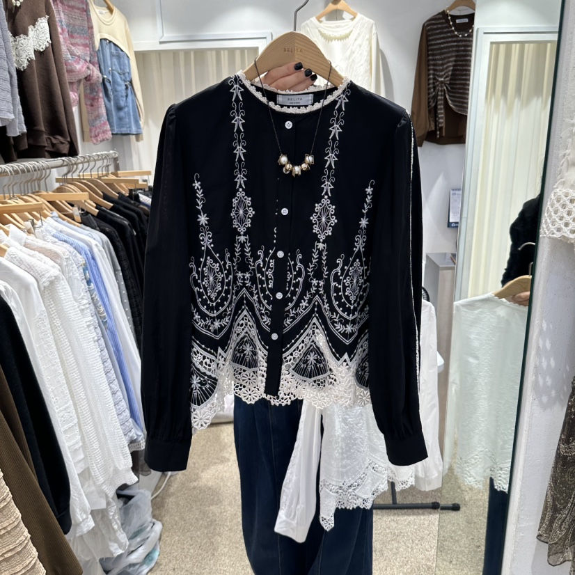 BELITA東大門代購女裝新款休閑襯衫蕾絲衫不含項鏈刺繡鏤空BELITA襯衫/蕾絲衫圖色2
