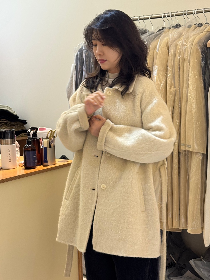 WEAUE SELVAGE韓國直郵女裝新品休閑中長款大衣含腰帶涂層Weave Selvage中長款大衣