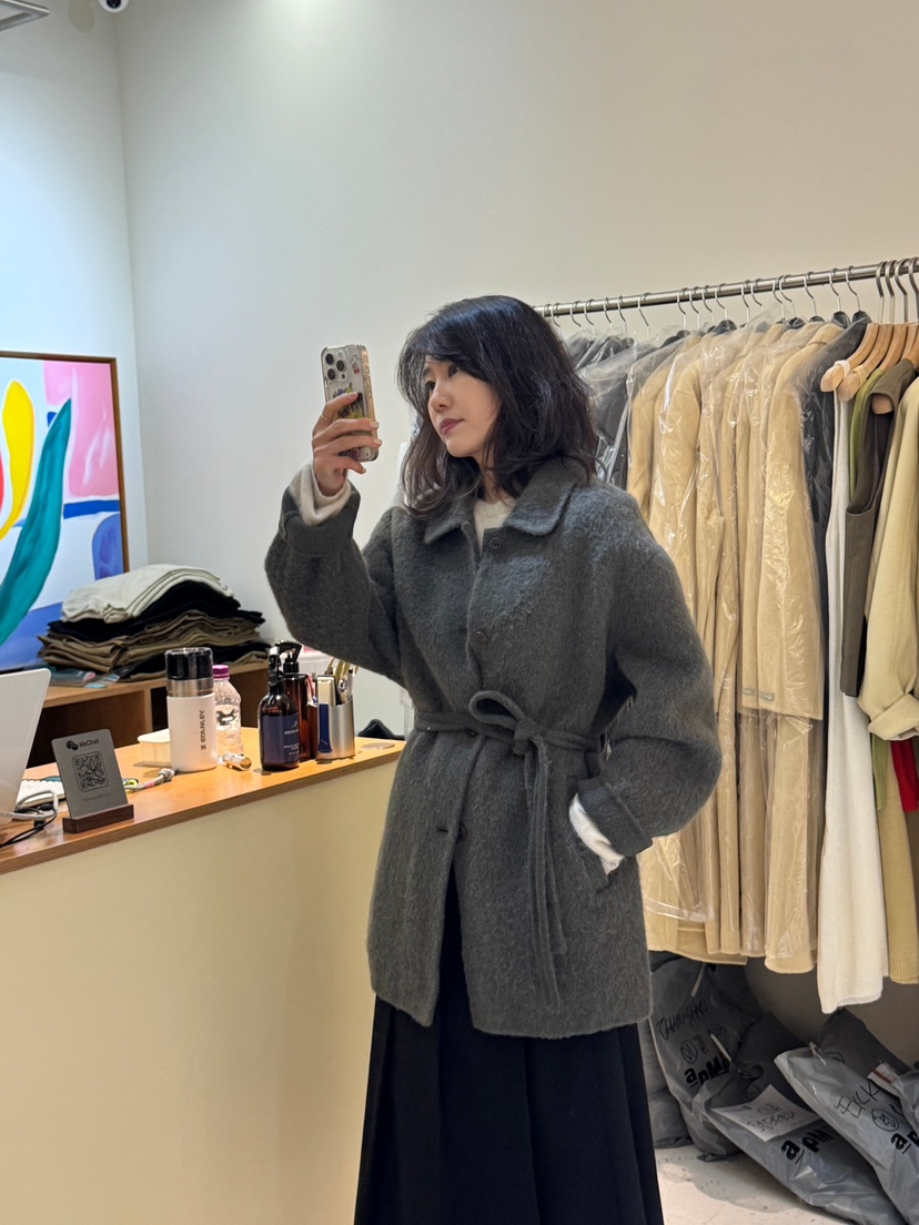 WEAUE SELVAGE韓國直郵女裝新品休閑中長款大衣含腰帶涂層Weave Selvage中長款大衣