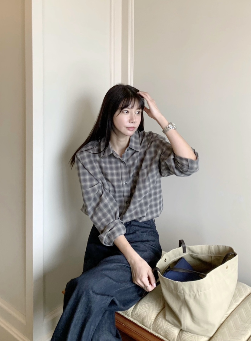空東大門實拍女士新品推薦熱賣真品時尚休閑襯衫蕾絲衫格紋COURGETTE襯衫/蕾絲衫