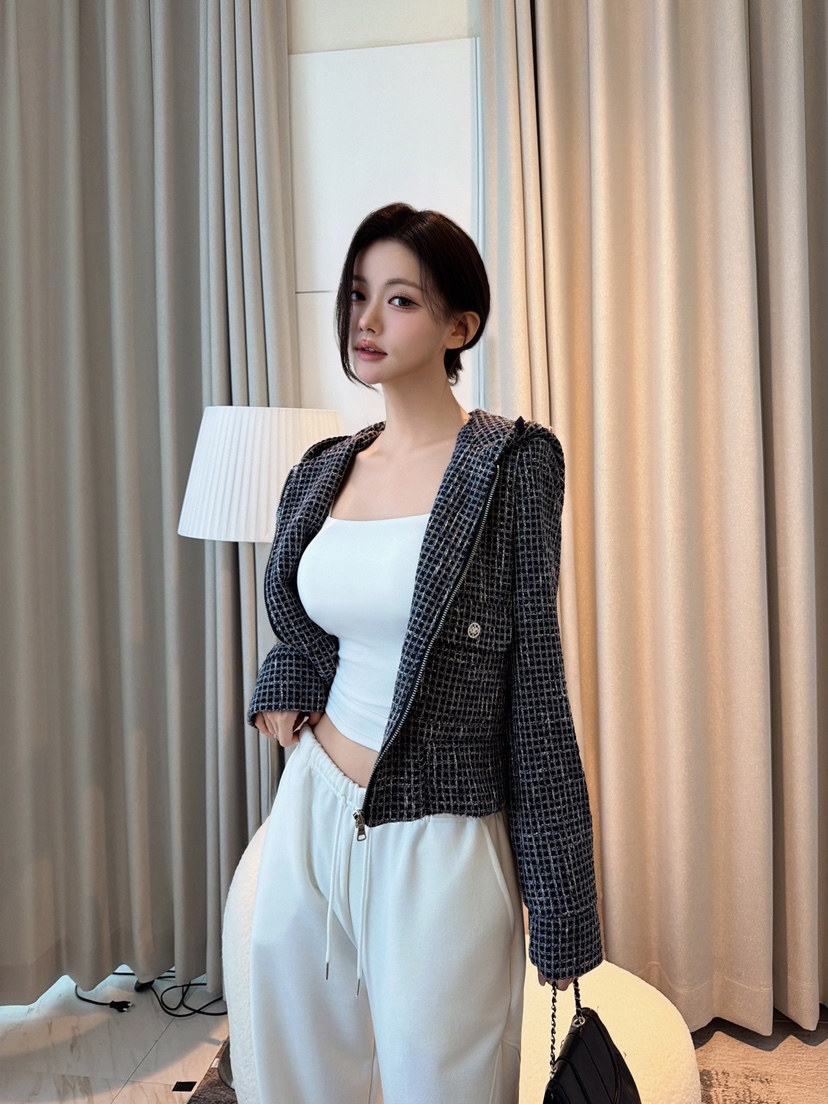 CLOTH東大門代購女士新品休閑熱賣推薦夾克粗花呢連帽衫網狀CLOTH夾克