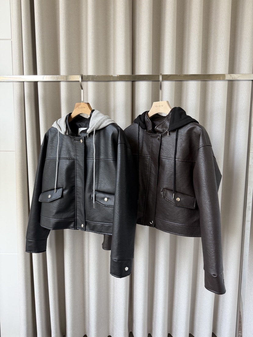 CLOTH東大門直郵女士新品休閑時尚推薦皮衣帽子可拆卸連帽衫CLOTH皮衣