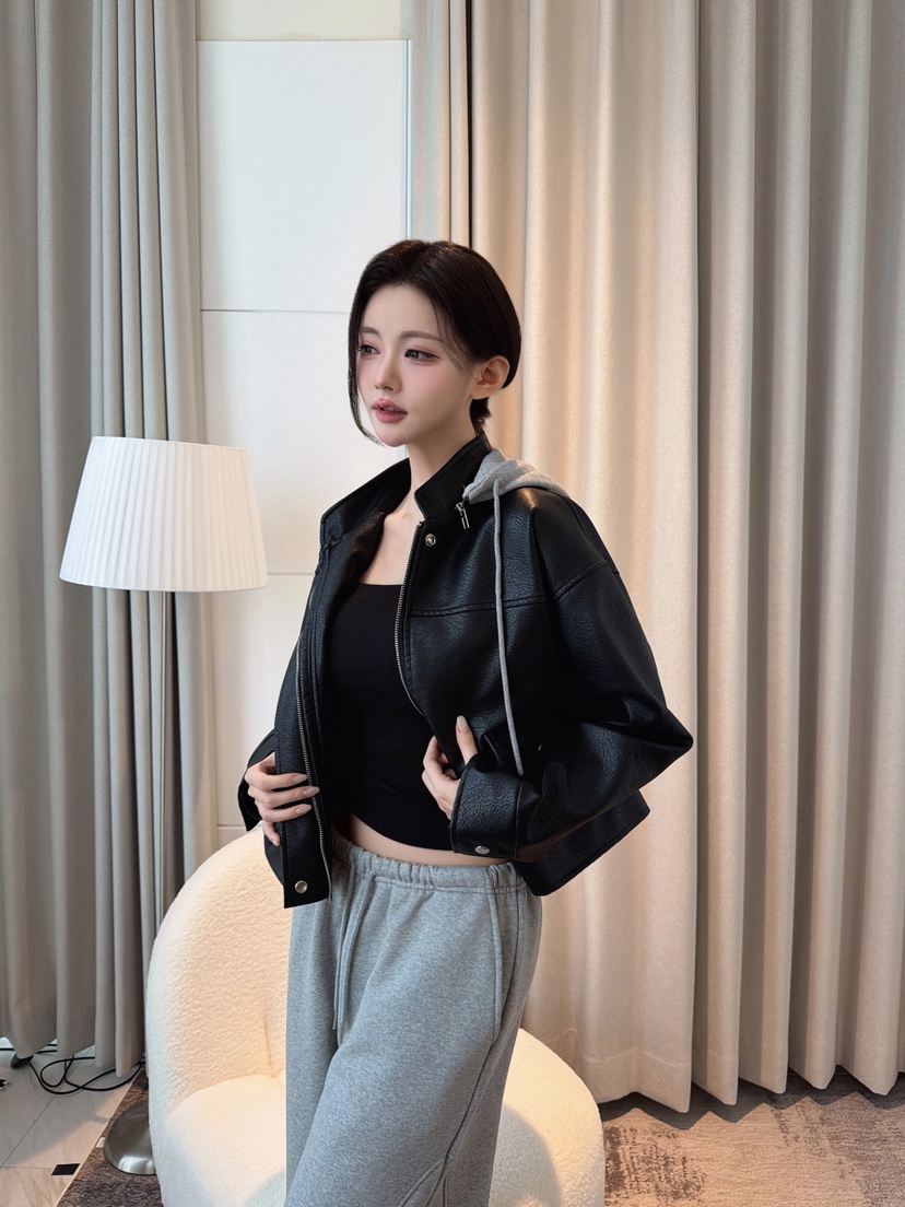 CLOTH東大門直郵女士新品休閑時尚推薦皮衣帽子可拆卸連帽衫CLOTH皮衣