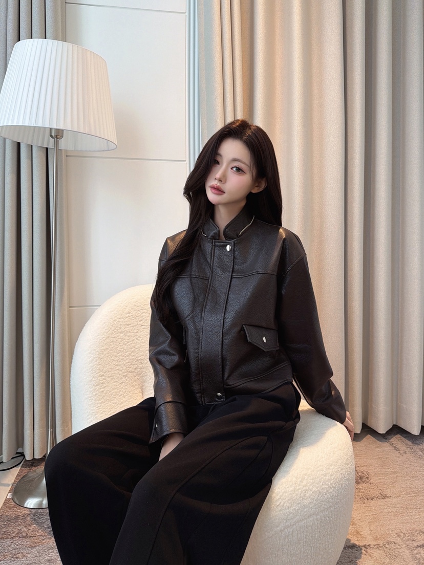 CLOTH東大門直郵女士新品休閑時尚推薦皮衣帽子可拆卸連帽衫CLOTH皮衣圖色1棕色
