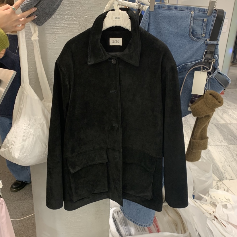 MAG東大門代購女裝新款休閑推薦時尚人氣皮衣口袋麂皮豬皮SALONDEMAG皮衣圖色2黑