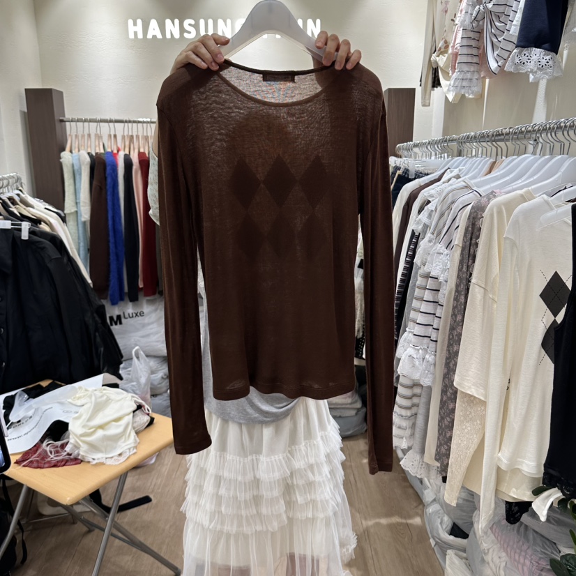 HANSUNGHYUN韓國代購女裝新品人氣時尚休閑長袖T恤天絲格紋HANSUNGHYUN長袖T恤