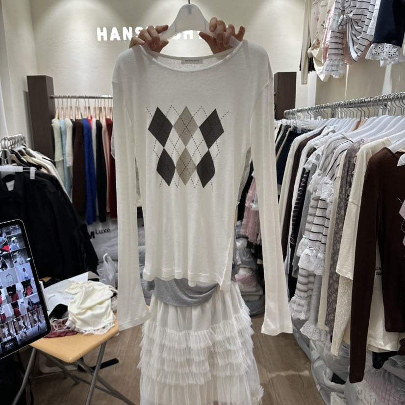 HANSUNGHYUN韓國代購女裝新品人氣時尚休閑長袖T恤天絲格紋HANSUNGHYUN長袖T恤圖色1