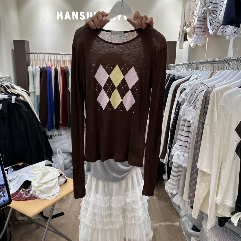 HANSUNGHYUN韓國代購女裝新品人氣時尚休閑長袖T恤天絲格紋HANSUNGHYUN長袖T恤圖色2