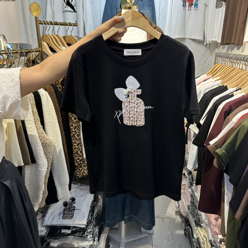 COCO HOLIC東大門直郵女士新款真品時尚休閑T恤珍珠絲帶COCO HOLICT恤圖色2
