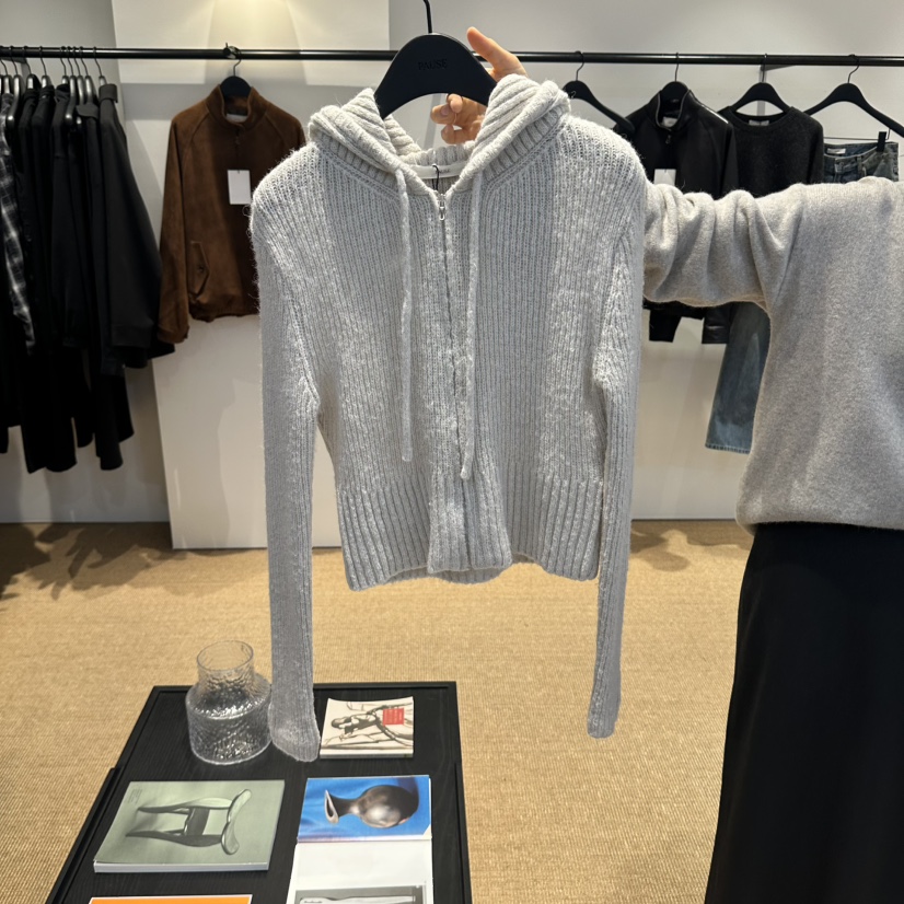 PAUSE東大門代購女裝新品推薦休閑毛衣拉鏈連帽衫羊駝毛短款PAUSE毛衣圖色1