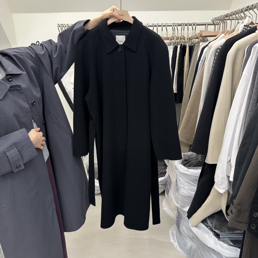 OREE東大門直郵女裝新品真品熱賣推薦中長款大衣含腰帶手工Oree中長款大衣圖色3黑色